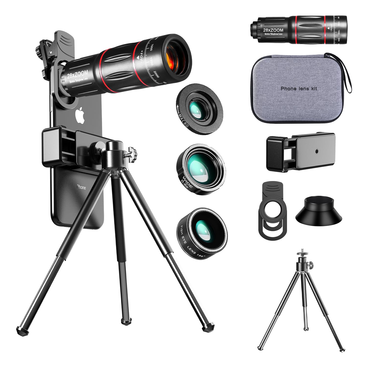 Hytamy Phone Camera Lens Kit, 4-In-1 Set Upgraded External Camera, Telephoto 28X, Wide Angle 0.6X, Macro 20X, Fisheye 198, Suita